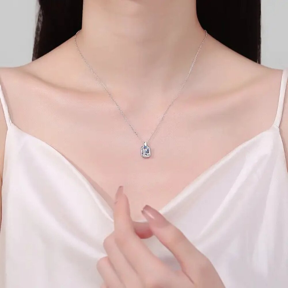Emerald Cut Moissanite Charm Necklace in 925 Sterling Silver
